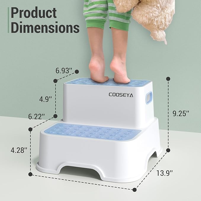 2 Step Stools for Kids,Toddler Step Stool for Bathroom Sink,No-Slip Double up Step Stool for Toddlers Bathroom, Multifunctional Toilet Step Stool for Kids,Toilet Potty Training(2 Packs)（Blue）