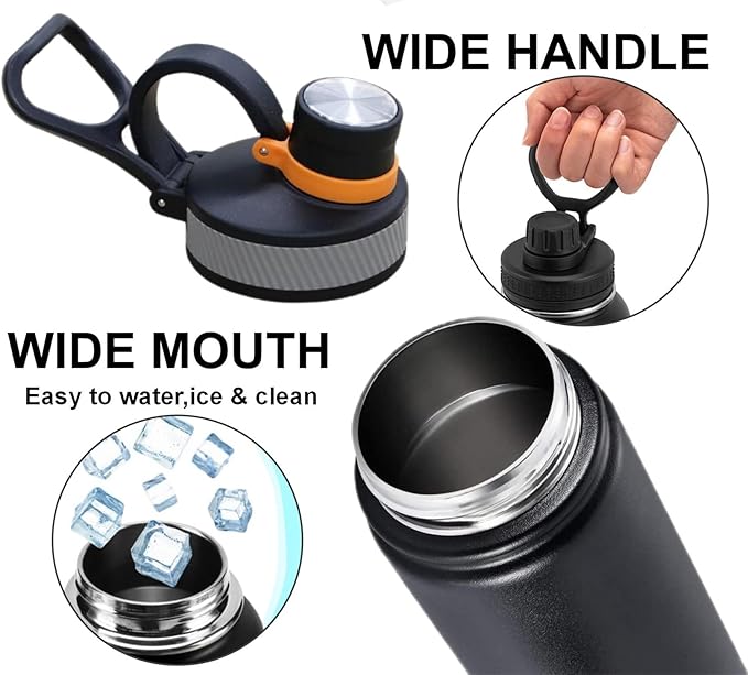 24 oz Double Wall Vacuum Insulated Stainless Steel Water Bottle with Spout Lid BPA Free (BLACK, 24 OZ)