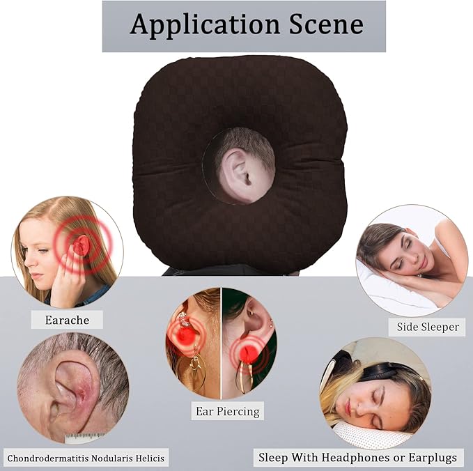 Ear Piercing Pillow for Side Sleepers, Pillow with an Ear Hole for CNH and Ear Pain Ear Inflammation Pressure Sores, O-Shaped Side Sleeping Pillow, Ear Guard Pillow(Dark Brown)