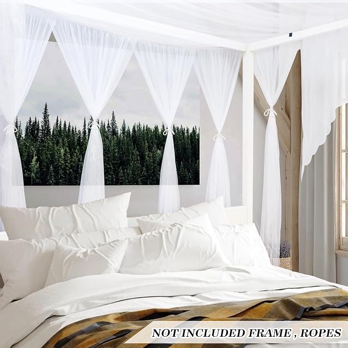 tupi White Canopy Bed Curtains for King/Queen/Full Size, 4 Corner Bed Canopy, Elegant Bed Drapes Bedroom Decor, Ultra Ripstop Polyester, Easy Installation