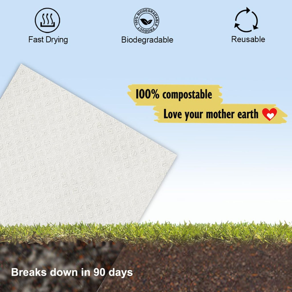 Swedish Dishcloths for Kitchen | 6 Pack Absorbent Cellulose Sponge Cloths Washable | Non-Scratch Reusable Paper Towels Quick Drying Cleaning Cloths - White