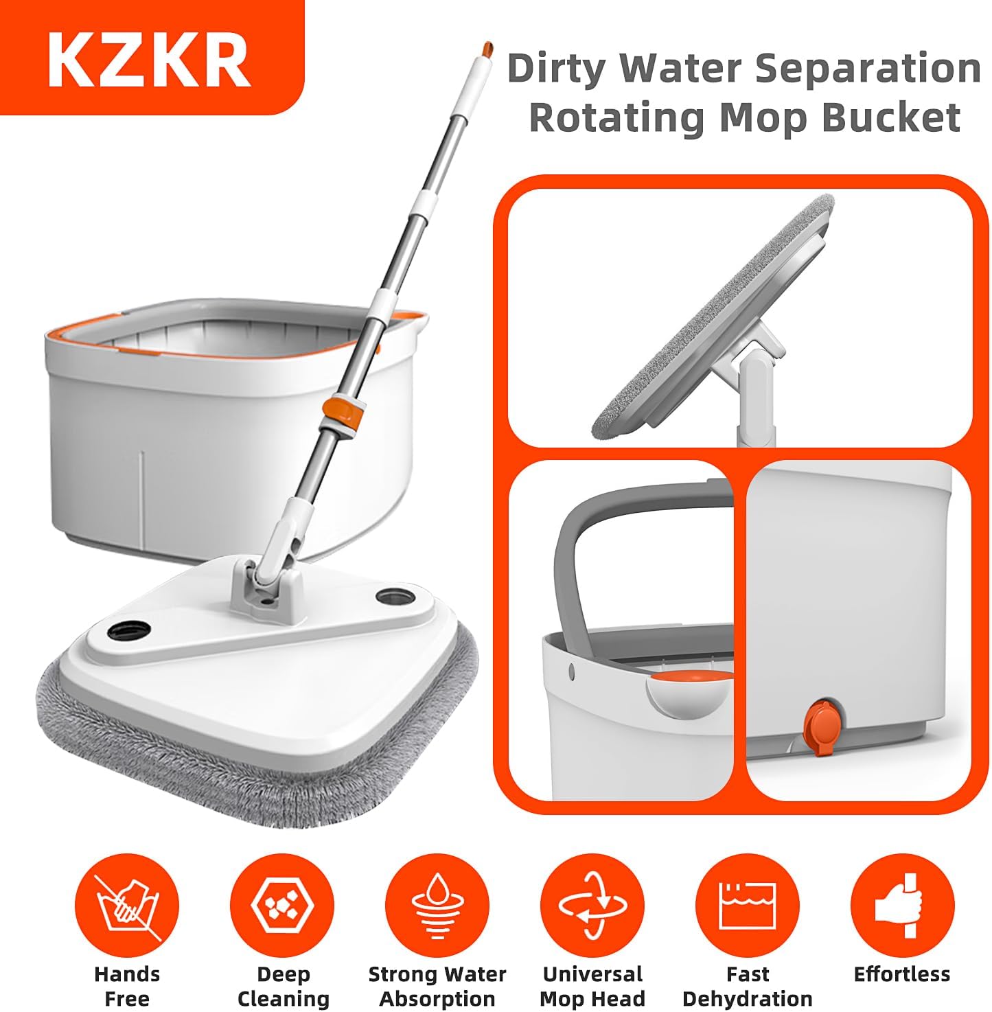 KZKR Spin Mop and Bucket Set with Self Separation Dirty and Clean Water System, Self Wringing 360° Rotating Square Mop Head for Home Floors Cleaning (1.0 Mop and Bucket Set (8 Pads))
