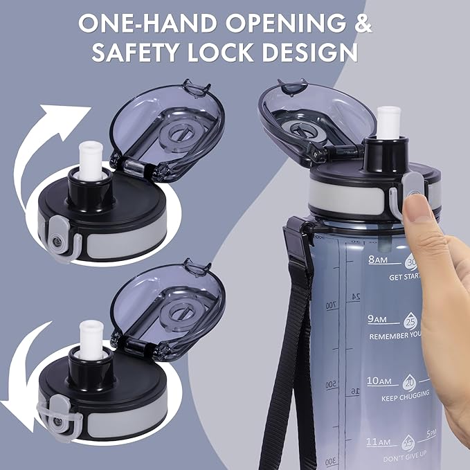 32 oz Water Bottle with Detachable Straw, Clear Motivational Water Bottles with Time to Drink, Tritan & BPA Free Sports Water Jug with Time Marker, Upgraded handle design