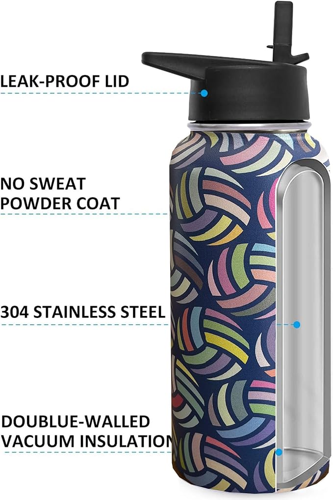 32 oz Volleyball Water Bottle Insulated Vacuum Stainless Steel Sports Water Bottle with 2 Lids (Straw and Spout Lid) for Gym Camping Hiking