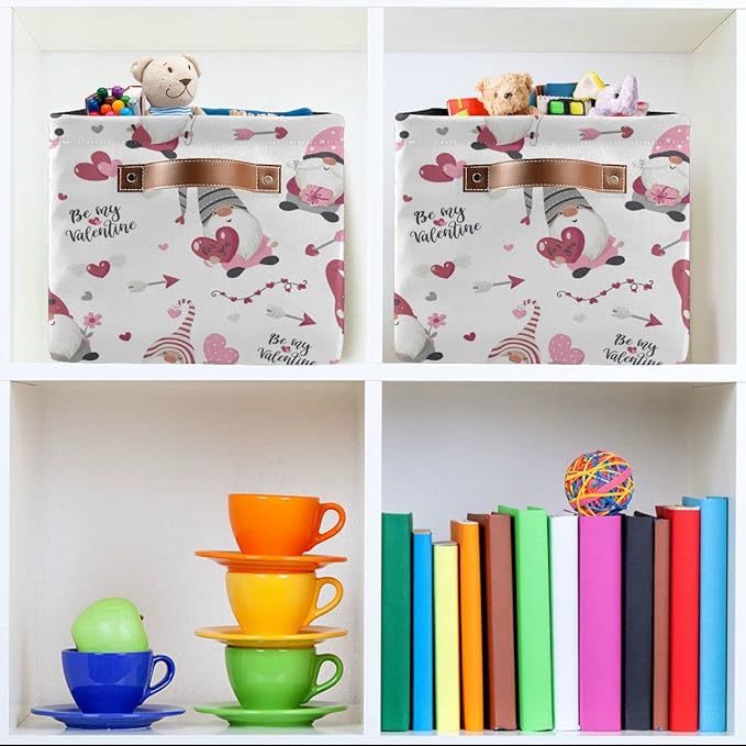 Happy Valentine's Day Gnomes Storage Basket Fabric Laundry Baskets Be Mine Valentine Love Heart Storage Boxes Organizer Bag for Baby Cloth Dog Toy Book Storage Cubes Shelf Closet Bins 16×12×8 Inches