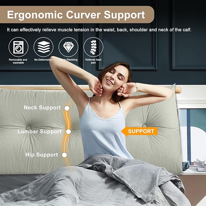 Large Triangular Headboard Pillows Long Backrest Positioning Support Bolster Cushion for Daybed Fluffy Quality Plush Body Wedge Pillow with Removable Cover(Dark grey-King-76x8x20in)