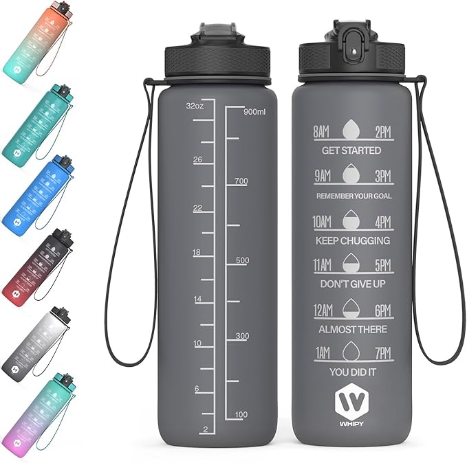 32 oz Water Bottle with Time Marker- Leak-Proof & BPA Free Reusable Gym Water Bottle - Easy to Carry Motivational Water Bottle for Fitness, Sports, Outdoor, (Gray with covered lid)