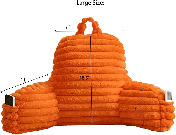 Faux Fur Fluffy Orange Reading Pillow with Pockets, Luxury Striped Plush Decorative, Arm Rests and Back Surport for Bed Rest, Lounging on sofa, Large