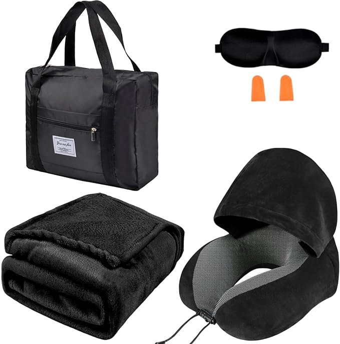 Travel Blanket Pillow Set - Travel Neck Pillow & Blanket for Airplane, Thick Fleece Traval Blanket, Hooded Memory Foam Neck Pillow, Foldable Duffel Bag, Sleep Mask, Earplugs for Plane Travel, Black