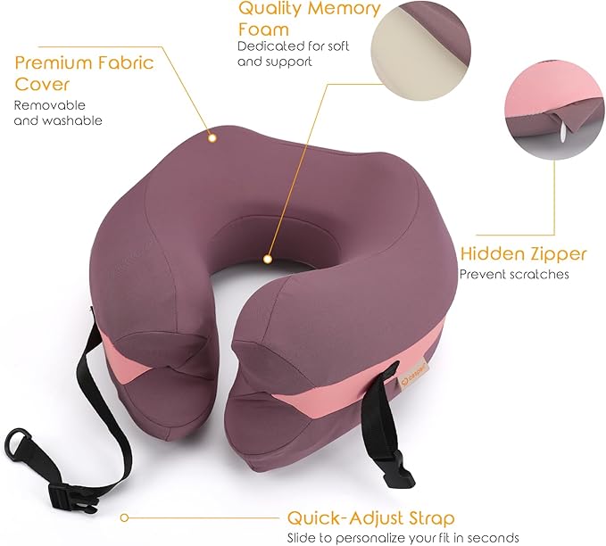Travel Neck Pillow Premium Memory Foam, Head Chin Support, Adjustable Length for Comfort. Airplane Travel Kit with Contoured Eye Mask, 3-Layer Earplug and Travel Bag (Mulberry Purple)