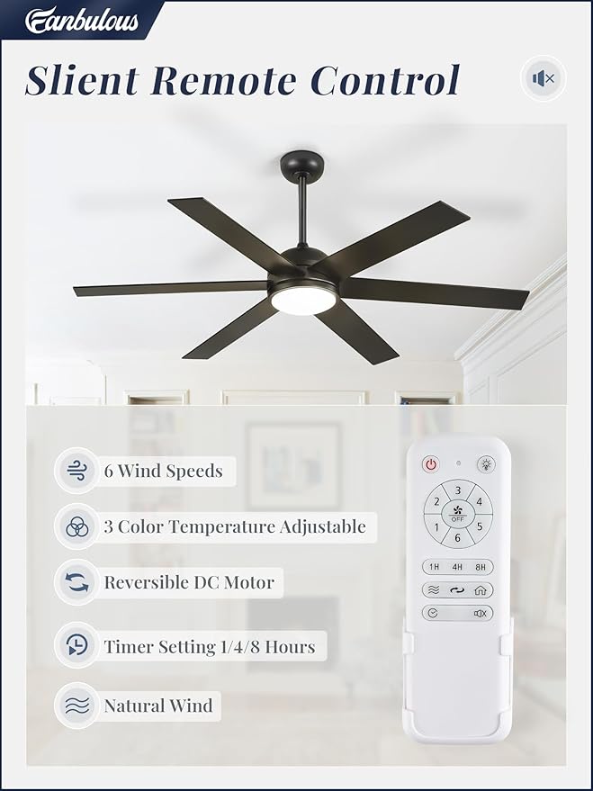 58 Inch Ceiling Fans with Lights and Remote, Black Indoor/Outdoor Ceiling Fan with Quiet Reversible DC Motor, 6 Speeds, 3CCT, 6 Blades Large Ceiling Fan for Living Room Bedroom Patio