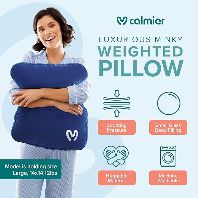 Calmier - 6 lb Sensory Weighted Pillow - Glass Bead Filled Hug Pillow - Ultra Plush Cozy Weighted Pillows for Adults and Kids - Child Sensory Pillow - Weighted Lap Pad (Blue - Minky, 6 LBS)