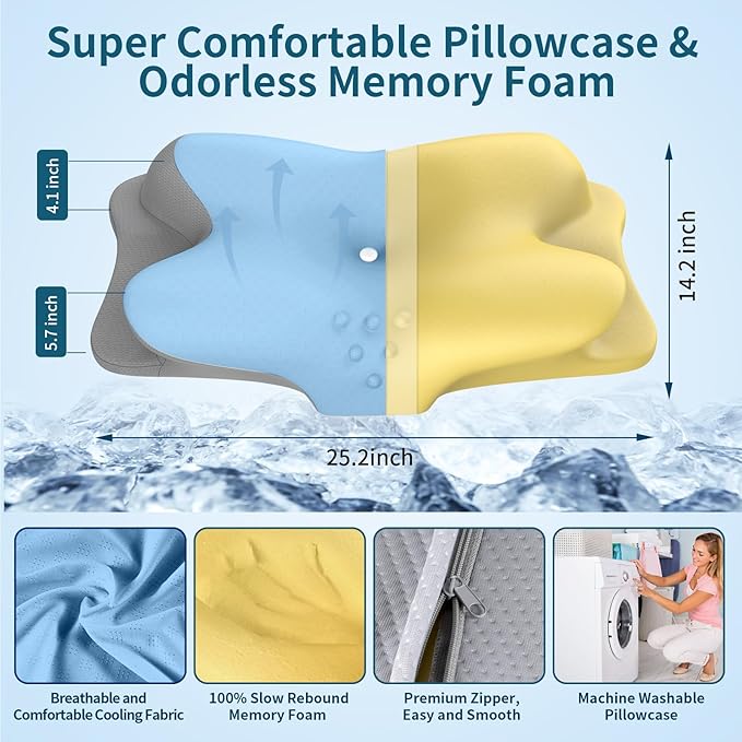 Cervical Neck Pillow - Cooling Pillow for Neck Pain Relief, Ergonomic Contour Side Sleeper Pillow for Sleeping, Orthopedic Memory Foam Pillows for Back & Stomach Sleepers with Pillowcase
