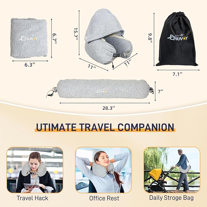 Stuffable Neck Pillow for Travel with Hood, Hoodie Travel Neck Pillow Stuffable with Clothes, Fillable Travel Pillow Storage Bag, Soft Empty Neck Pillow Case, Packable for Airplane Travel Essentials