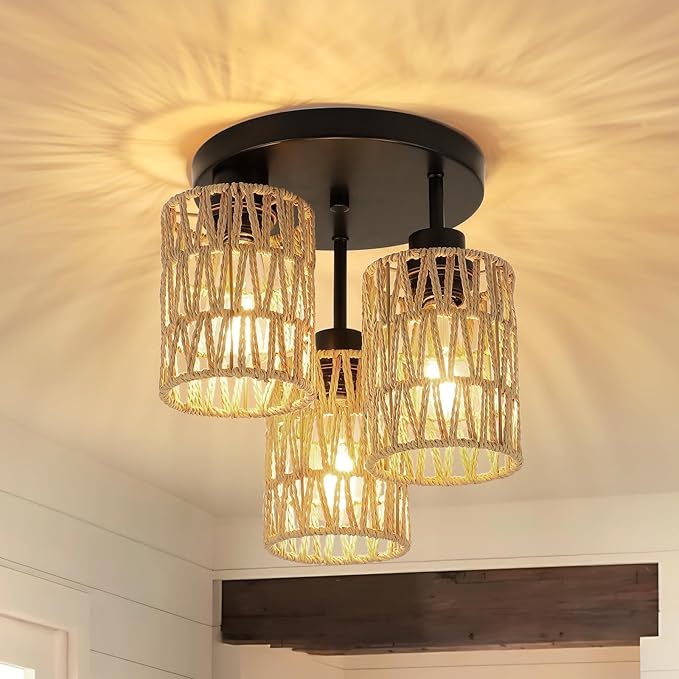 Boho Light Fixtures Ceiling Mount, 3-Light Boho Flush Mount Ceiling Light, Rattan Woven Chandelier Lighting for Farmhouse Bedroom Hallway Entryway Kitchen Nursery