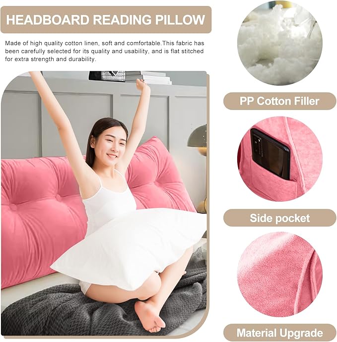 Large Triangular Headboard Pillows Long Backrest Positioning Support Bolster Cushion for Daybed Fluffy Quality Plush Body Wedge Pillow with Removable Cover(Pink -Cal King-71x8x20 in)