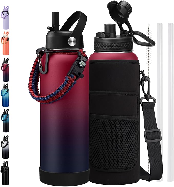 40 oz Insulated Water Bottle - w/Straw Spout Lids, Paracord Handle, Silicone Boot, Metal Flask Water Bottle Carrier with Strap, Leak Proof Stainless Steel Thermal Flask Keep Cold 48h & Hot 24h