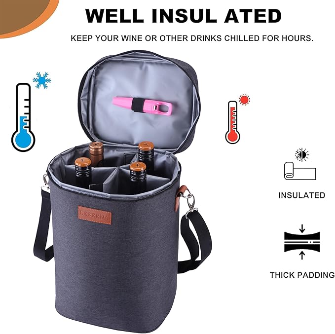 4 Bottle Wine Gift Carrier - Travel Padded Insulated Wine Cooler Bag with Handle and Adjustable Shoulder Strap, Great Wine Lover Gift