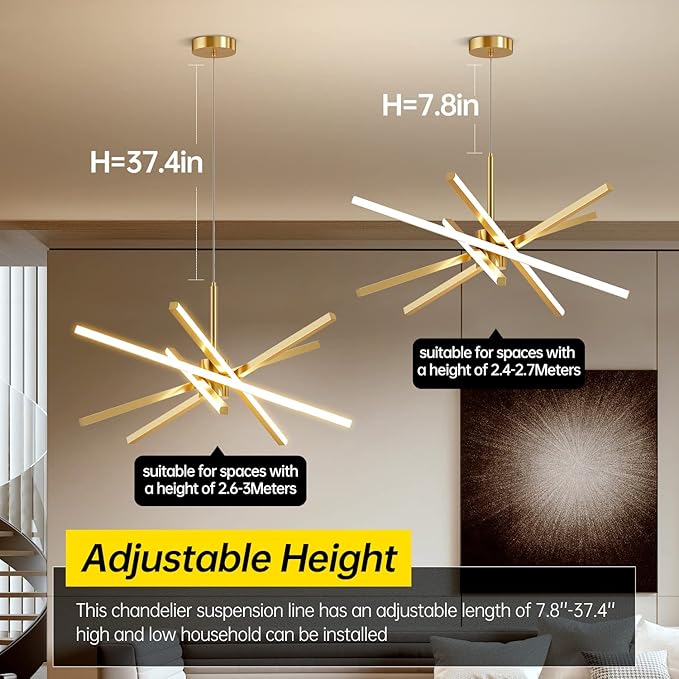 Modern Sputnik Chandelier Ceiling 82W LED Gold Pendant Light Embedded Mount Chandeliers Dining Room Light Fixtures Over Table Dimmable with Remote Control for Living Room Kitchen Bedroom 31.5 inches