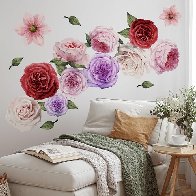 20 Pieces Flowers Wall Decals Vinyl Non-Glue Wall Stickers Removable Floral Wall Murals Self-Adhesive Colorful Flower Wall Decor for Girls Bedroom Living Room Nursery