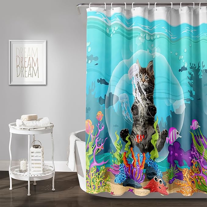 AILONEN Funny Cat Shower Curtain for Bathroom, Ocean Animal Print Shower Curtain, 48" W*72" H Waterproof Polyester Cat Lover Shower Curtain Decor Bathroom with Grommets and Hooks