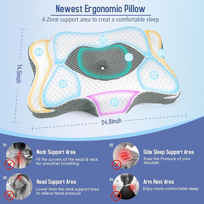 Cervical Pillow for Neck Pain Relief, Contour Memory Foam Pillows for Sleeping, Ergonomic Orthopedic Neck Support Pillow for Side, Back, Stomach Sleepers, Neck Pillow with Breathable Pillowcase, Gray