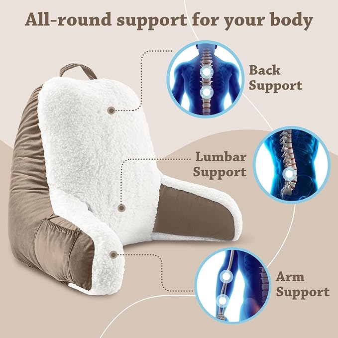 LOVTEX Reading Pillow with Removable Cover, Back Pillow for Sitting Up in Bed with Arms and Pockets, Sherpa Bed Rest Pillow Adult, 20 x 15 Inches(Brown and White)