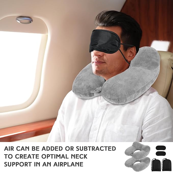 Sintuff 2 Pack Inflatable Travel Pillow for Airplanes Inflatable Neck Pillows with Compact Bag and Blindfold Soft Flight Pillow for Traveling, Airplane, Train, Car, Office(Gray)