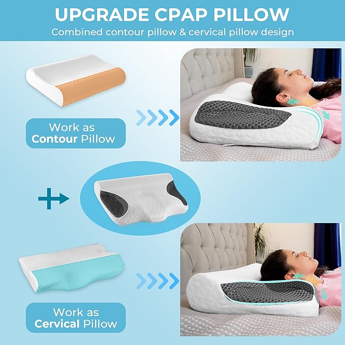 Cervical Pillows for CPAP Sleeper, Side Sleeper Pillow for Neck and Shoulder Pain, Adjustable Ergonomic Orthopedic Bed Pillow for Back, Side and Stomach Sleepers, White