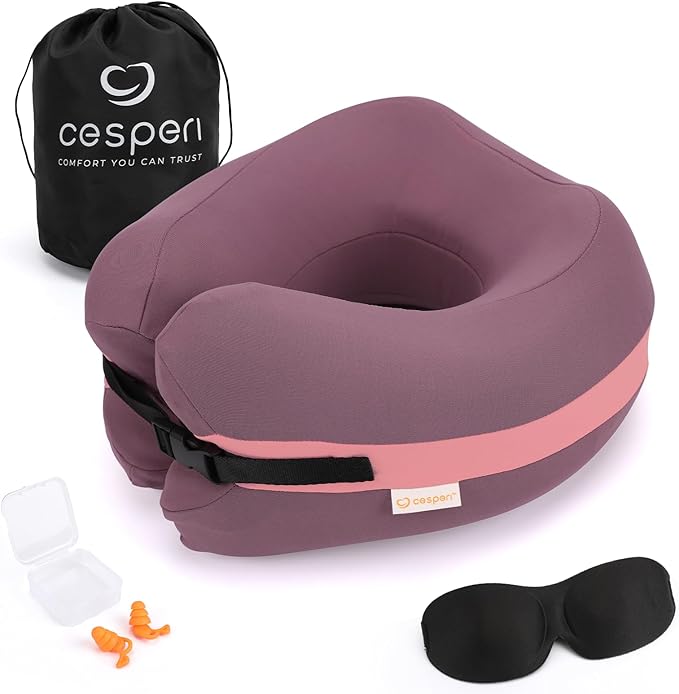 Travel Neck Pillow Premium Memory Foam, Head Chin Support, Adjustable Length for Comfort. Airplane Travel Kit with Contoured Eye Mask, 3-Layer Earplug and Travel Bag (Mulberry Purple)