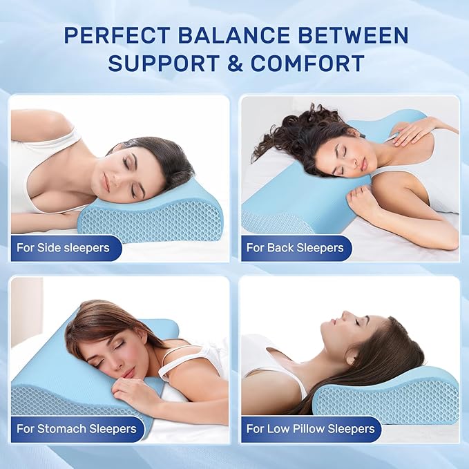 Neck Pillow Memory Foam pillows - Cooling Neck Support Pillow for Pain Relief, Ergonomic Cervical Pillow for Sleeping, Orthopedic Contour Bed Pillow for Side Back Stomach Sleepers-Blue