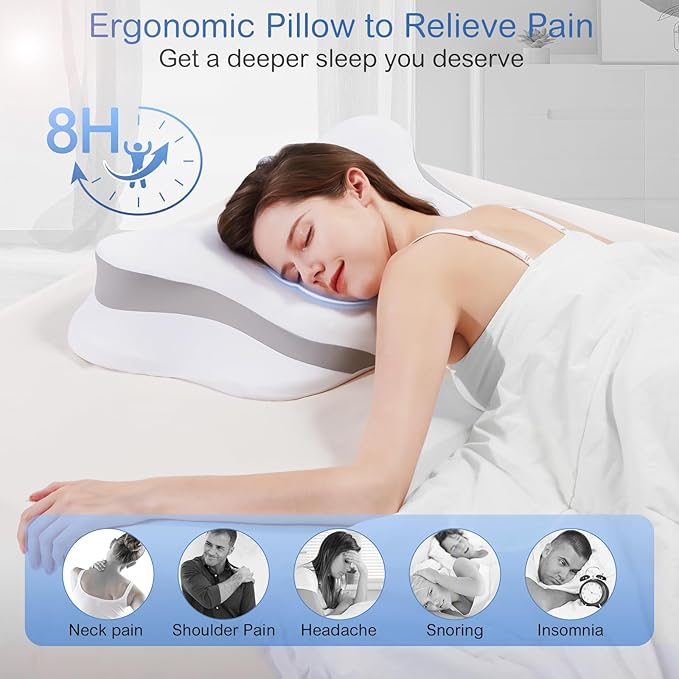 Cervical Neck Pillow, Pillow for Neck Pain Relief, Cooling Contour Memory Foam Pillows, Odorless Ergonomic Neck Pillow Adjustable Orthopedic Bed Pillow for Side Back Stomach Sleepers with Pillowcase