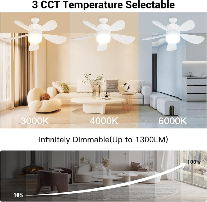 JTT Socket Fan Light with Remote - Screw in Ceiling Fan Light LED Bulb Fan with 3 Speed, 3000/4000/6000K Selectable and Adjustable Brightness Settings Socket Fan for Bedroom Living Room Kitchen Garage
