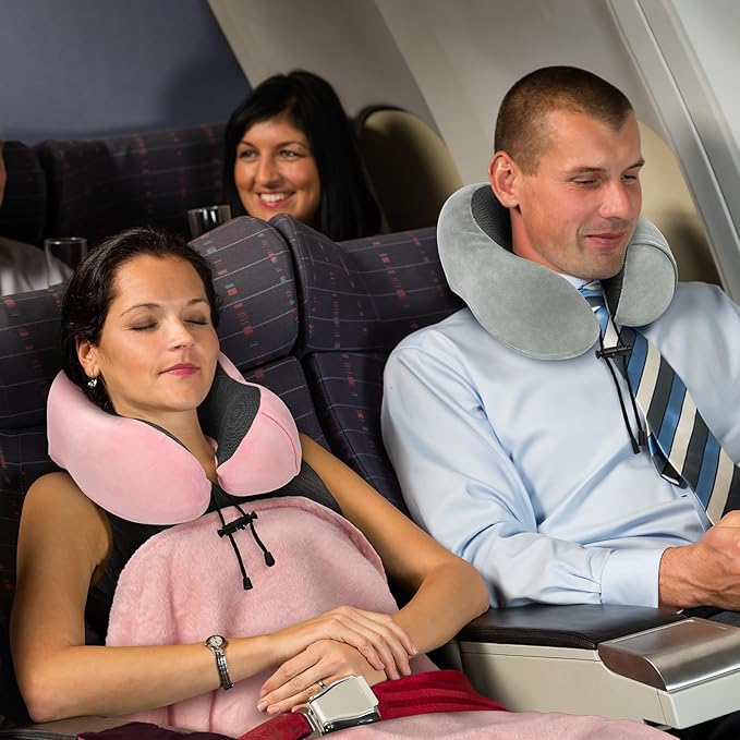 Travel Pillow and Blanket Set Neck Pillow Airplane Memory Foam for Traveling Compact with Bag Pink