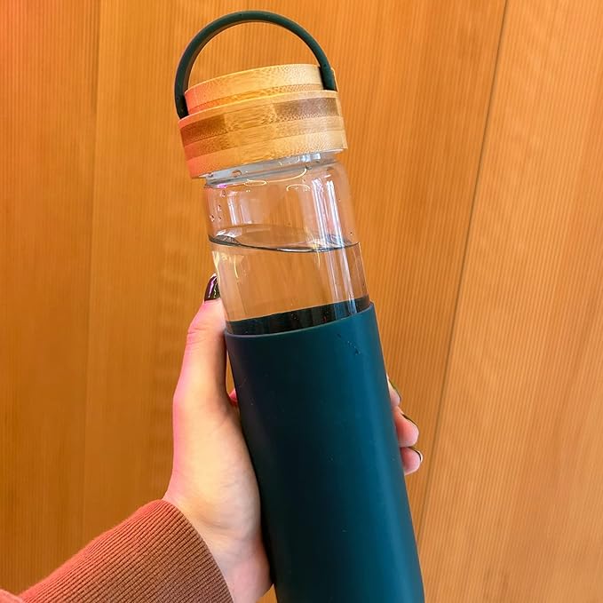 20 oz Borosilicate Glass Water Bottle with Leak-Proof Bamboo Lid and Silicone Handle and Protective Sleeve (TEAL) - BPA Free - Easy to Carry - Dishwasher Safe