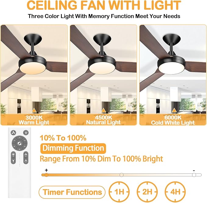 Ceiling fan with lights, 52 inches, color adjustable with remote control, no noise, reverse flow energy saving, modern design