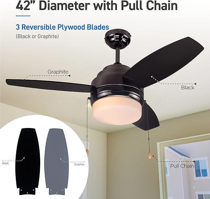 COMMERCIAL COOL 42” Modern Ceiling Fan with Lights, Cools up to 175 Sq. Ft.,Ideal for Medium Sized Rooms,Featuring 3 Air Flow Speeds with Dual Chain,3 Reversible Dual Finish Blades in Black & Graphite