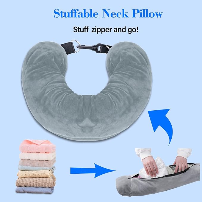 Travel Pillow You Stuff with Clothes, Stuffable Travel Pillow Transforms Into Extra Luggage Without Excess Fees, Stuffable Neck Pillow Fits 3+ Days of Travel Essentials Gray