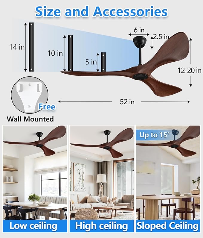 Ceiling Fan with Remote,52 Inch Wood Color Ceiling Fan no light for Indoor/Outdoor,6 Speed Noiseless Reversible DC Motor，Modern Ceiling Fan with Timer for Kitchen, Living Room Farmhouse Patios