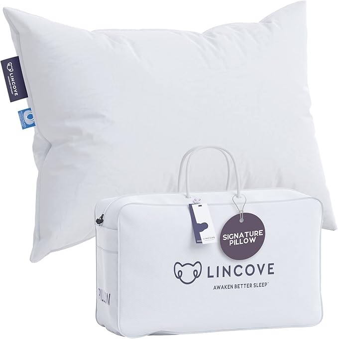 Lincove Signature 100% Natural Canadian White Down Luxury Sleeping Pillow - 800 Fill Power, 500 Thread Count Cotton Shell, Made in Canada, Queen - Medium, 1 Pack