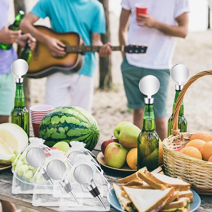 24 Sets Wine Stopper for Wine Bottles Wedding Wine Stopper Champagne Bottle Stoppers Beverage Bottle Stoppers with White Sheer Organza Bags Wedding Party Favor for Guests (Silver)