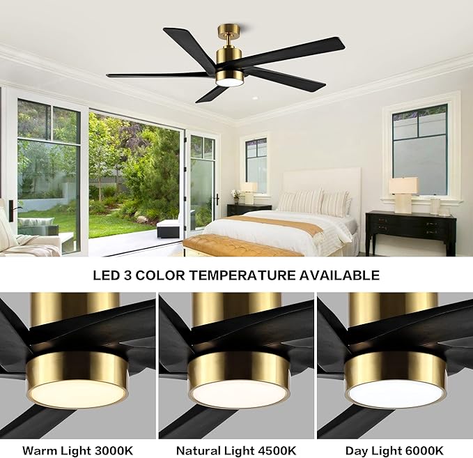 WINGBO 54 Inch DC Ceiling Fan with Lights and Remote Control, 5 Reversible Carved Wood Blades, 6-Speed Noiseless DC Motor, Modern Ceiling Fan in Brass Finish with Black Blades, ETL Listed