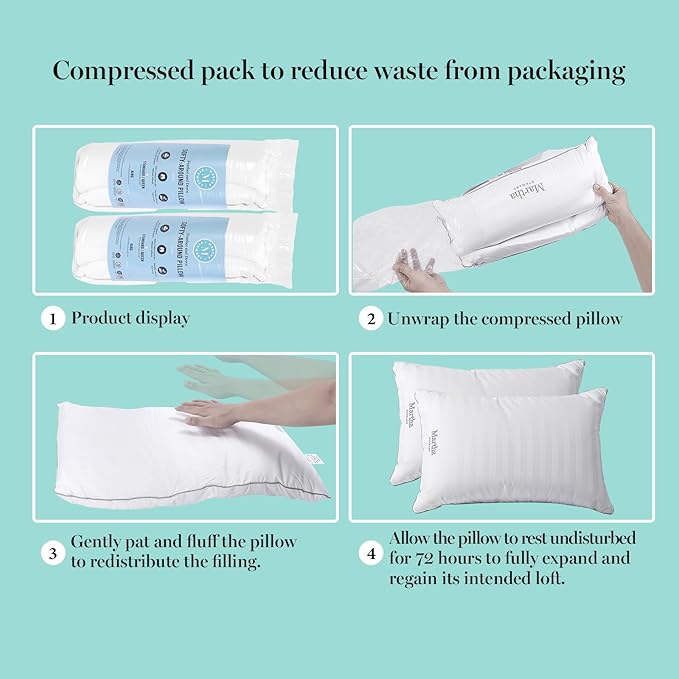 MARTHA STEWART Hotel Collection Meidum Soft Feather Down Pillows 100% Cotton 500 Thread Count Damask Stripe Embroidered, King Size Set of 2, White 2