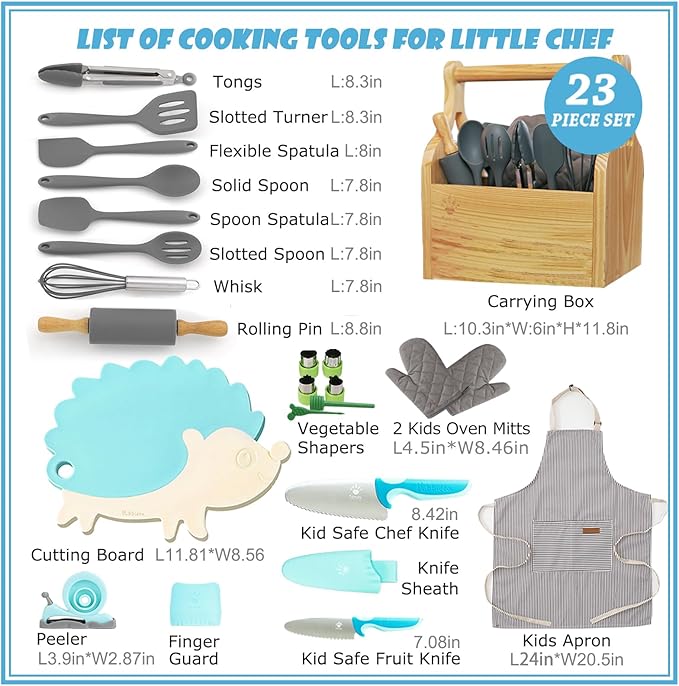 Kids Cooking and Baking Sets Real 23PCS, Toddler Chef Knife Set with Cutting Board and Peeler, BPA-free, Food Grade Child Safe Kitchen Tool for Meal Prep (Blue)