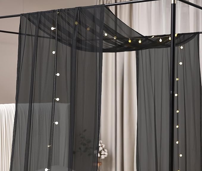 Akiky Canopy Bed Curtains with Light Princess Bed Canopy Scarf for Full/Queen Metal Bed Frame,Wood Frame Bed-2 Panel Sheer Curtain(Full/Queen,Black)
