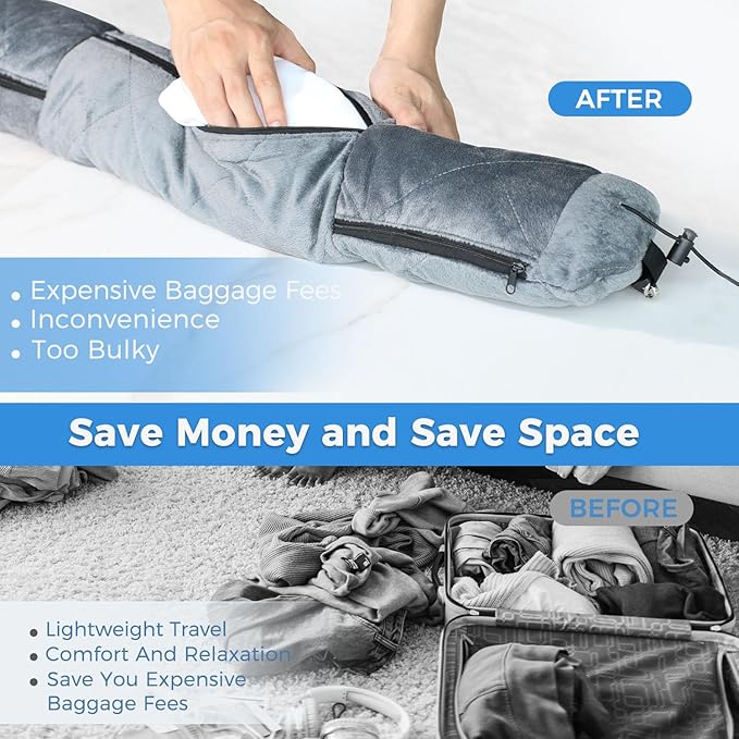 Stuffable Travel Pillow for Extra Luggage, Velvet Travel Neck Pillow with Adjustable Clasp, Fits 3+ Days of Travel Essentials with Two Large Pockets,Multifunctional Sleeping Rest Cushion.