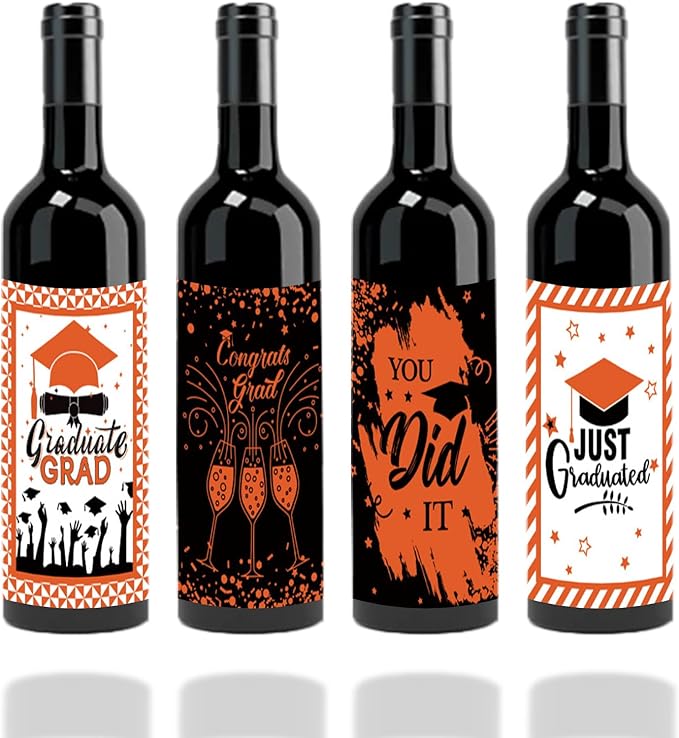 24Pcs Graduation Gift Wine Labels Congrats Grad Wine Bottle Stickers Graduation Party Waterproof Wine Bottle Decoration Cover for College Congrats Graduation Party Decorations, 4 Design