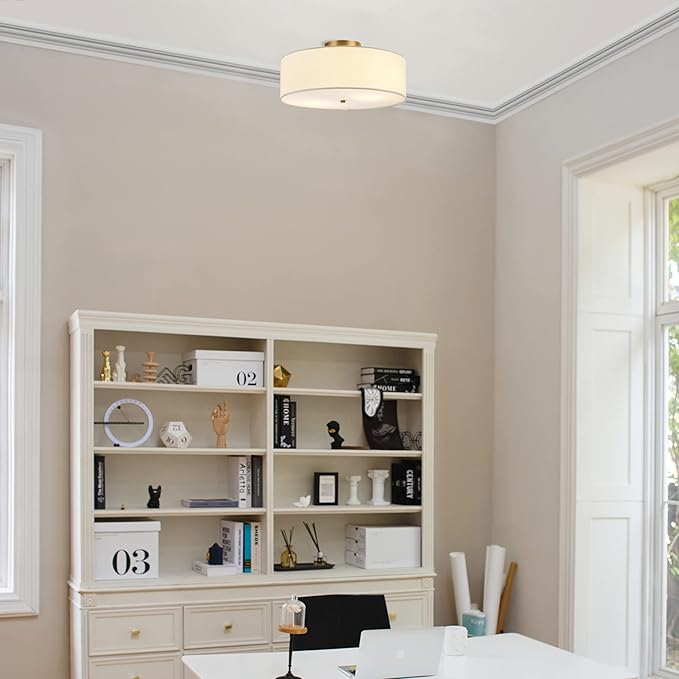 Globe Electric 60998 2-Light Flush Mount Ceiling Light, Matte Brass, White Linen Shade, Kitchen, Lights, Bathroom, Home Essentials, Bedroom, Closet Light, Lighting Fixtures, Dining Room