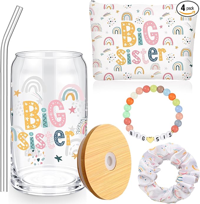 4 Pcs Big Sister Gifts for Girls Cute Big Sister 16oz Glass Tumbler Cup Makeup Bag Sister Bracelet and Scrunchies Best Sister Gift for Little Girls of New Baby Birthday Baby Shower