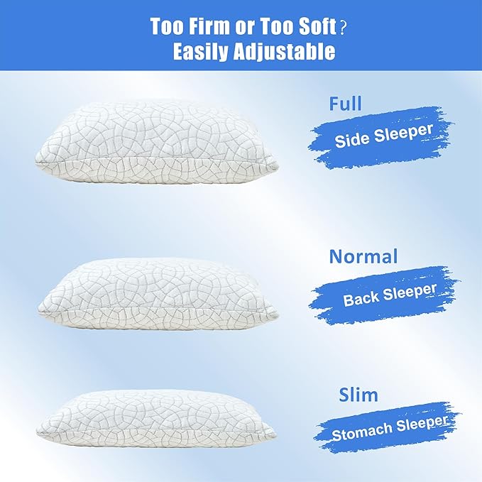 Cooling Pillows for Sleeping, Shredded Memory Foam Pillows 2 Pack, Bed Pillows Queen Size Set of 2, Adjustable Loft Soft or Firm Pillow for Side Back Stomach Sleepers with Cooling Cover